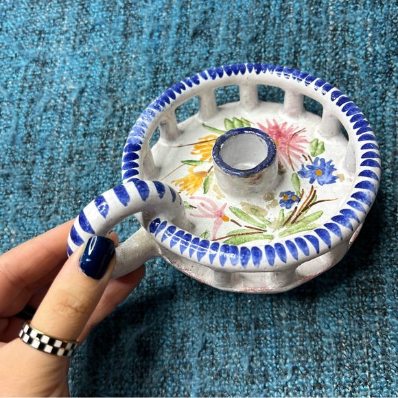 Vintage 70s Hand Painted Studio Pottery Candle Holder Finger Loop Floral Signed - Picture 1 of 13